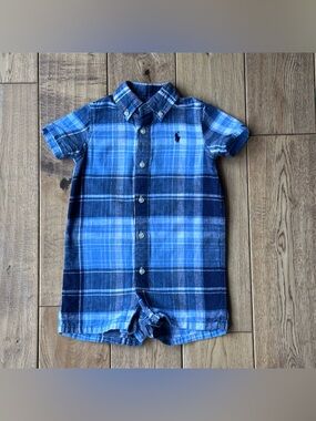 Ralph Lauren Baby Blue Plaid Linen Blend Button Down Shortall size 9 Months